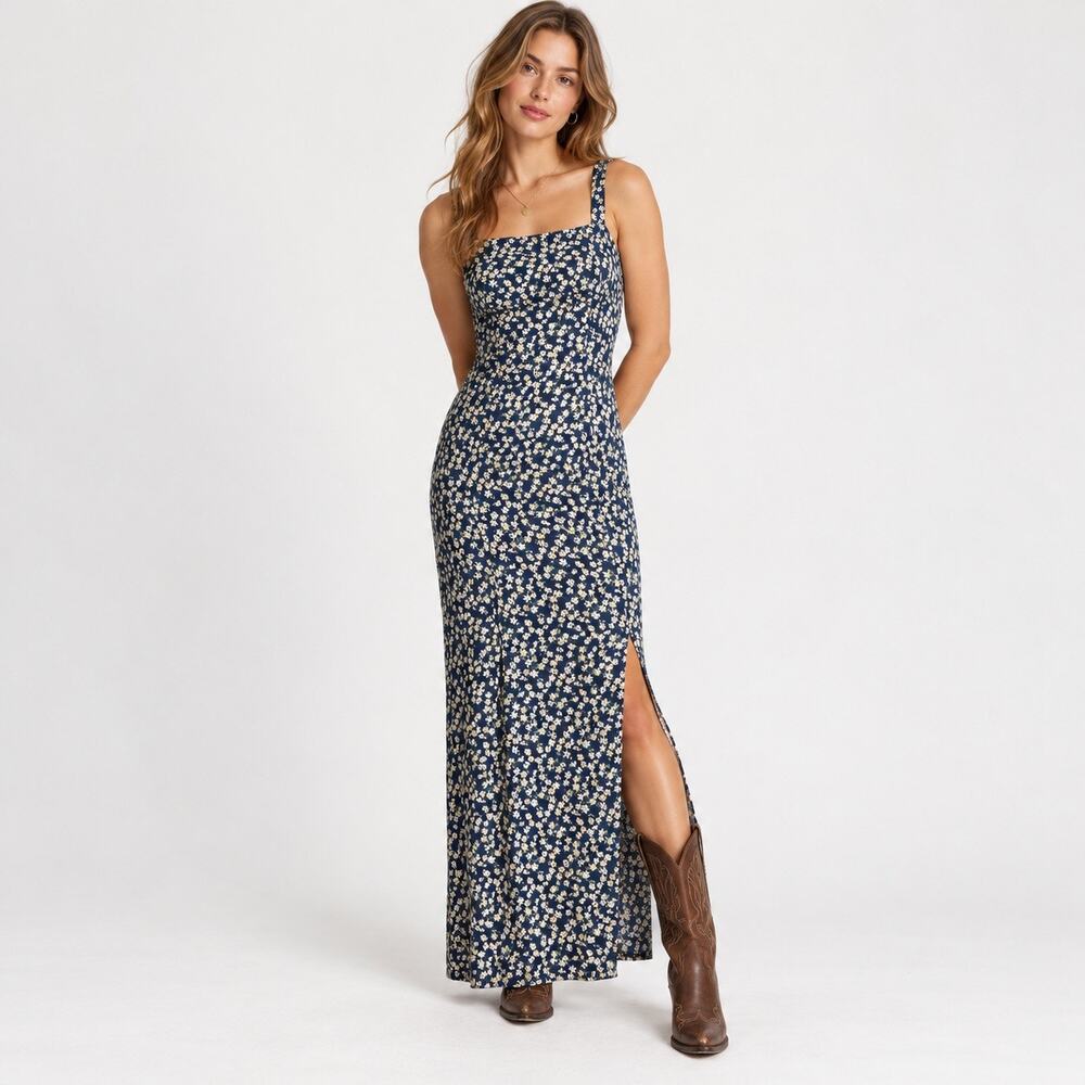 Vintage 90s Pellini Navy Daisy Rayon Column Maxi Dress Side Slit Size 5/6